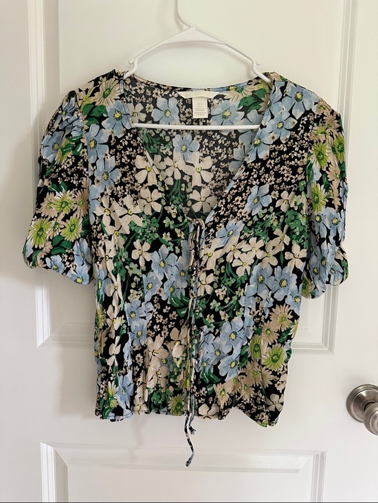 H&M Tops - H&M Black Floral Tie-Front Blouse with Blue & Green Flowers
